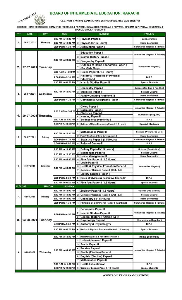 Karachi Board (BIEK) Intermediate Part-II (12th) Date Sheet 2021