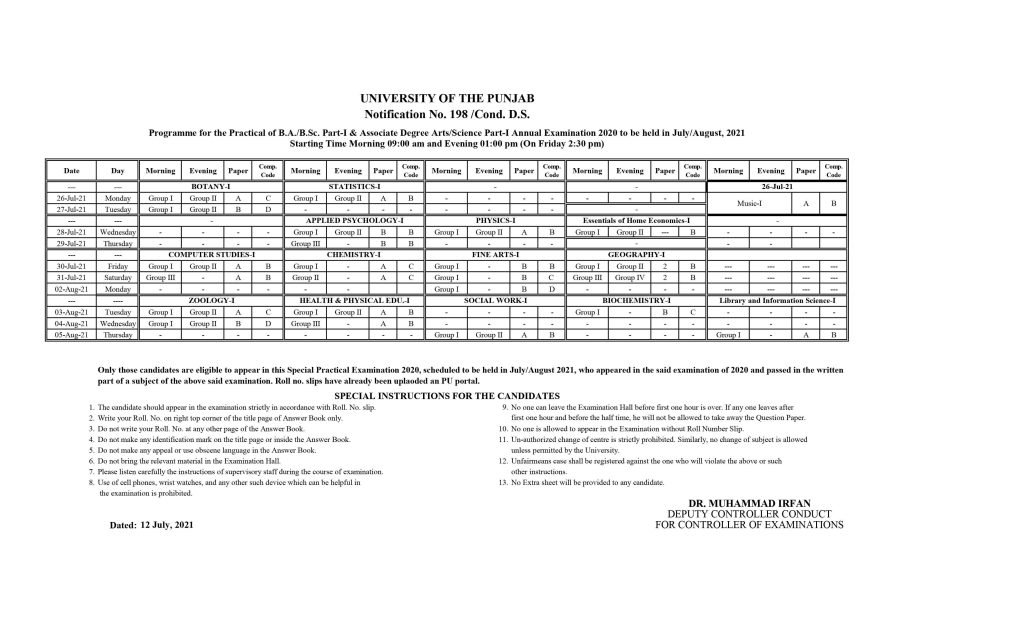 PU BA/BSc Associate Degree Arts & Science Part-I Practicals Date Sheet 2021