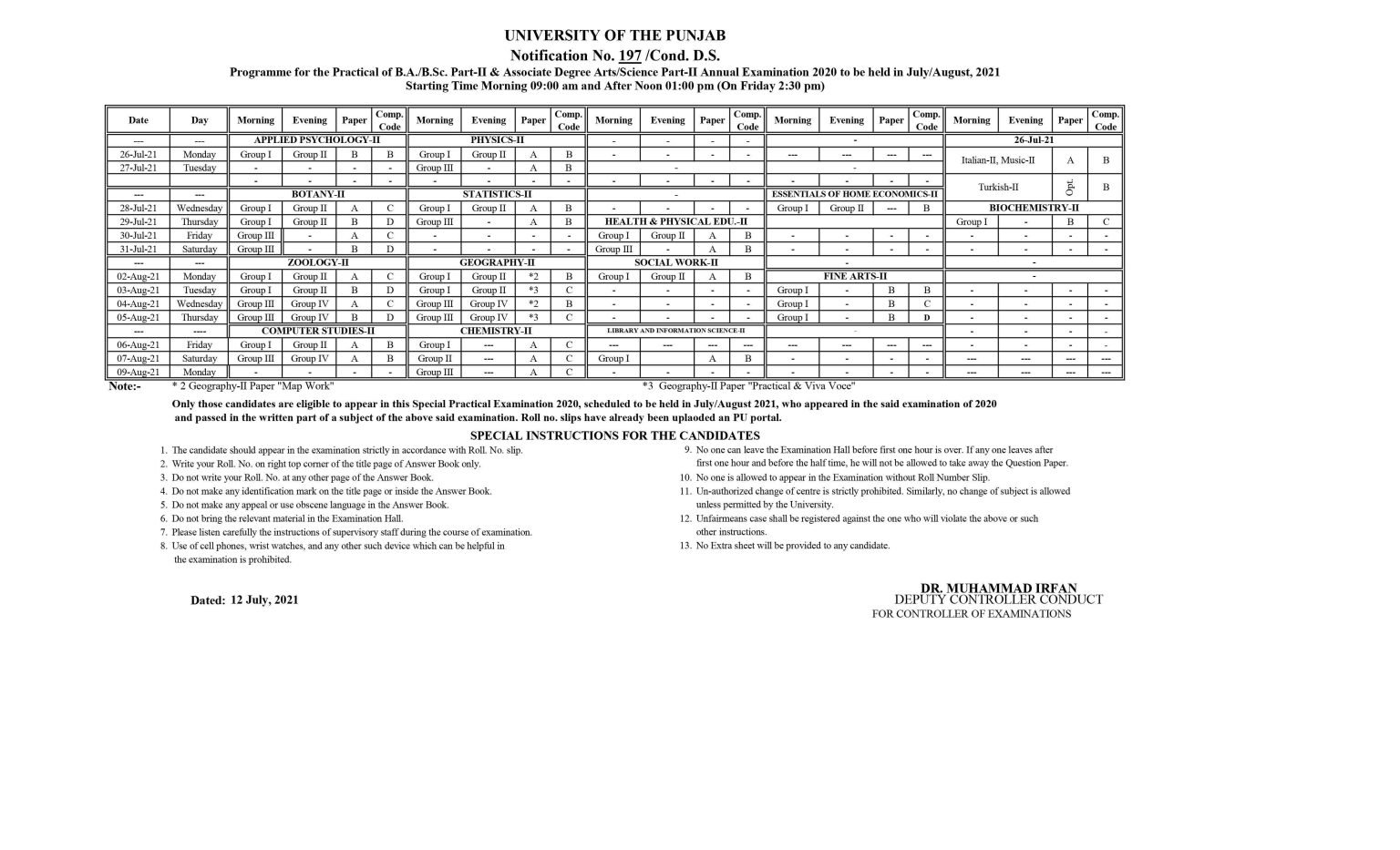 PU BA/BSc Associate Degree Arts & Science Part-II Practicals Date sheet 2021