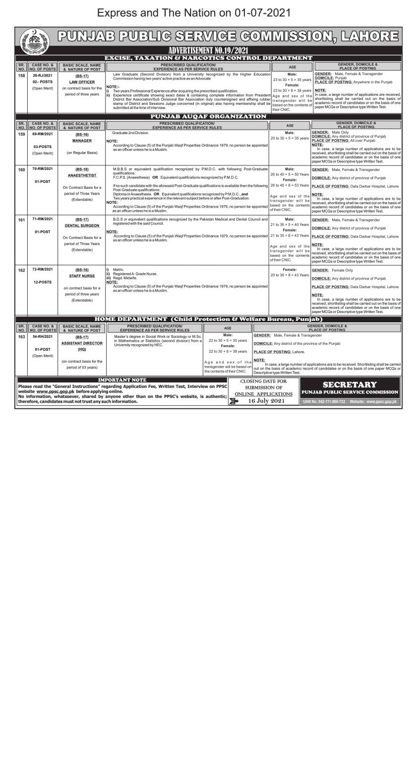 Punjab Public Service Commission (PPSC) Advertisement No 19/2021