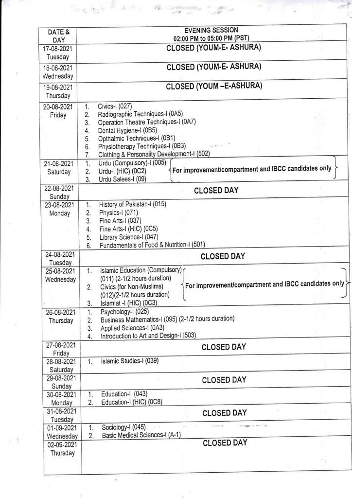 Federal Board HSSC Part-I (11th class) Date Sheet 2021