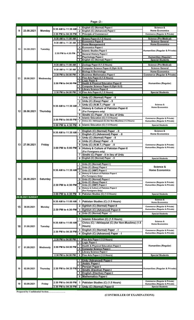 BIEK 1st year date sheet 2021