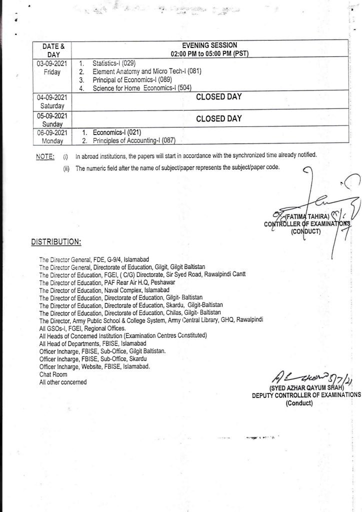Federal Board HSSC Part-I Date Sheet 2021