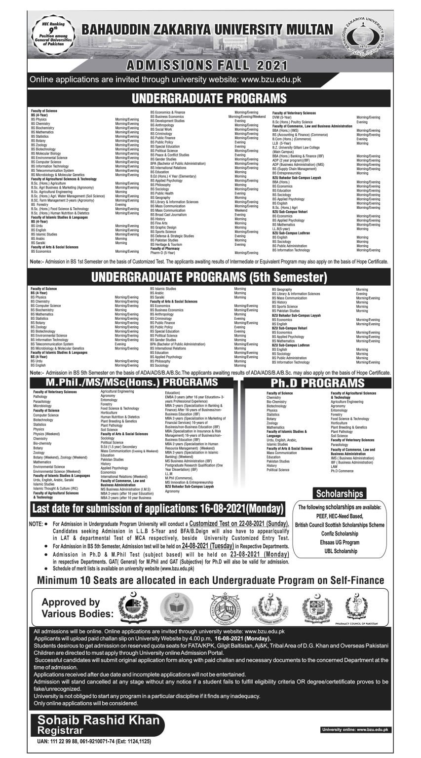 Bahauddin Zakariya University Multan Admission Open 2021 | Apply Now