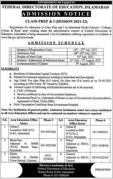 Federal Directorate Of Education Islamabad Issue Admission Notice Federal Directorate Of Education Islamabad Issue Admission Notice
