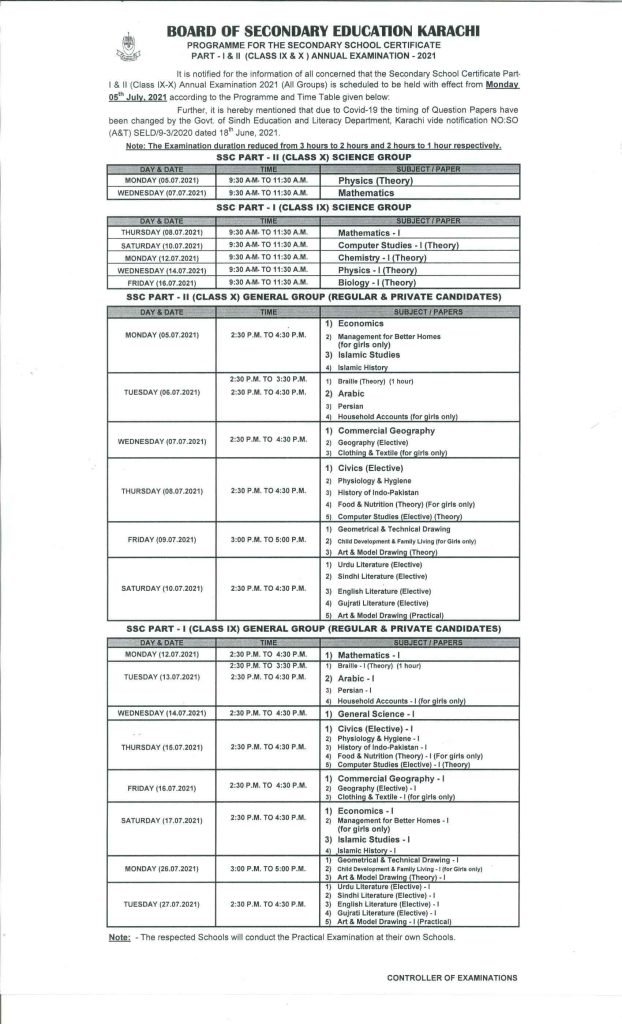 Karachi Board (BSEK) Matric (9th 10th) Date Sheet 2021 Karachi Board (BSEK) Matric (9th 10th) Date Sheet 2021