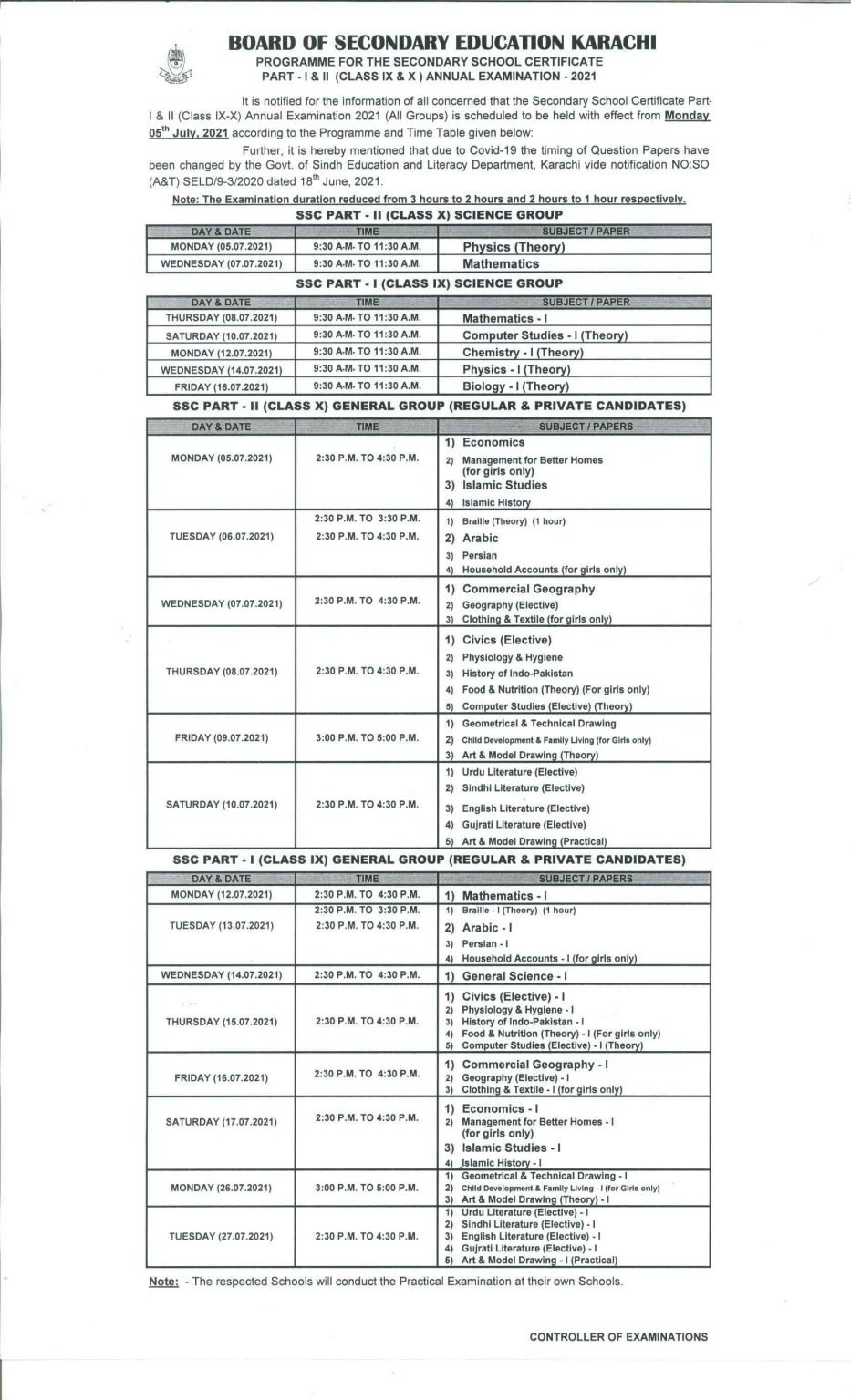 Karachi Board (BSEK) Matric (9th 10th) Date Sheet 2021 Karachi Board (BSEK) Matric (9th 10th) Date Sheet 2021