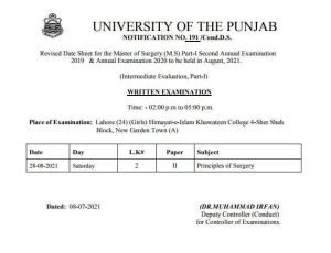 PU Revised Date sheet 2021 for Masters of Surgery Part-I Annual Exams