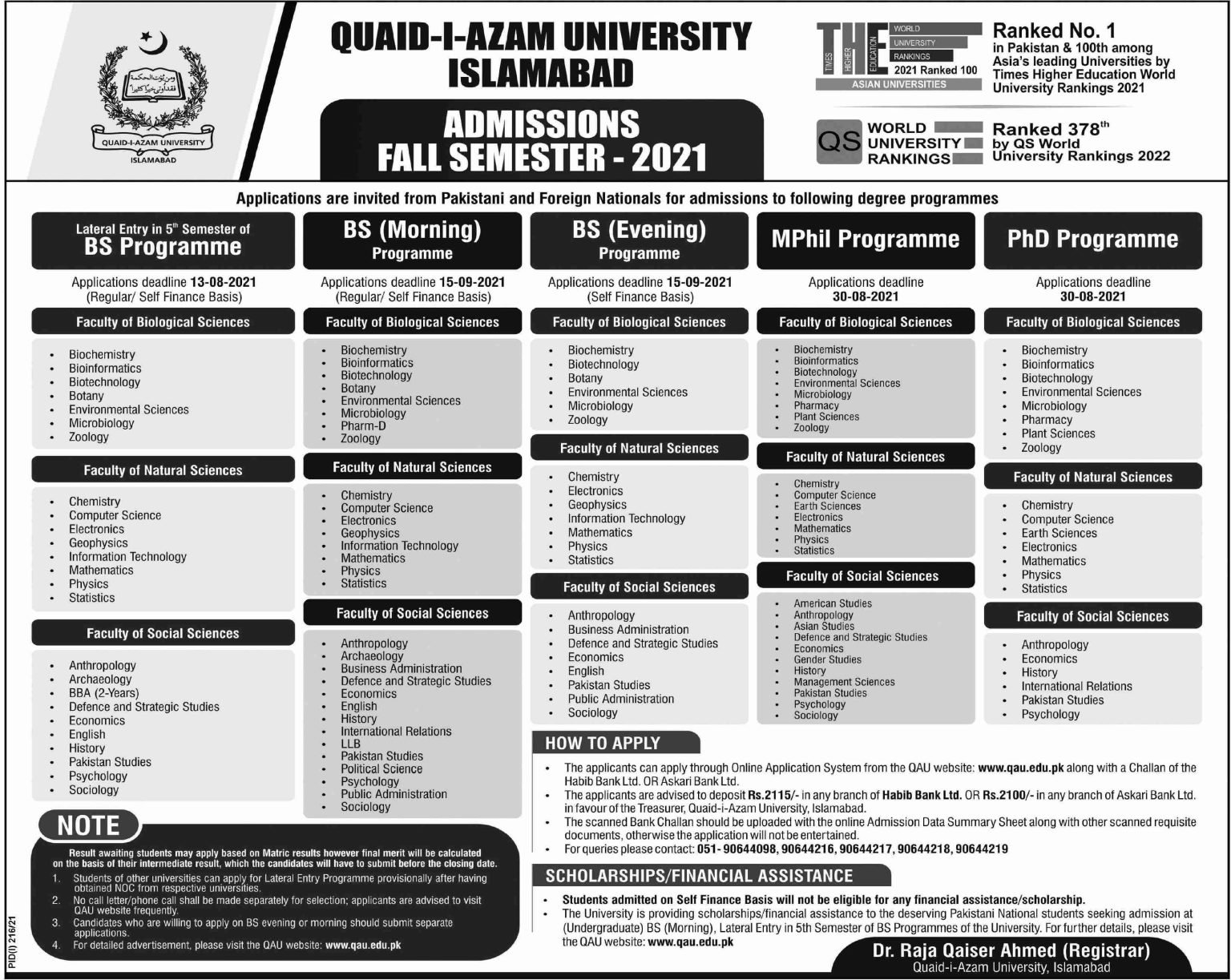 Quaid-e-Azam University Islamabad Admission Open for BS/Undergraduate 2021 Quaid-e-Azam University Islamabad Admission Open for BS/Undergraduate 2021