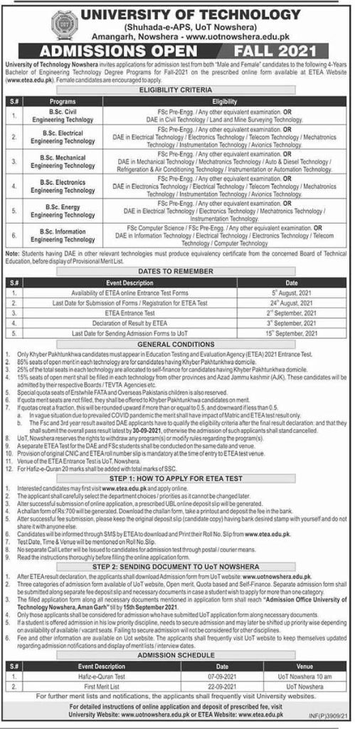 University of Technology Nowshera Undergraduate Admissions 2021 University of Technology Nowshera Undergraduate Admissions 2021