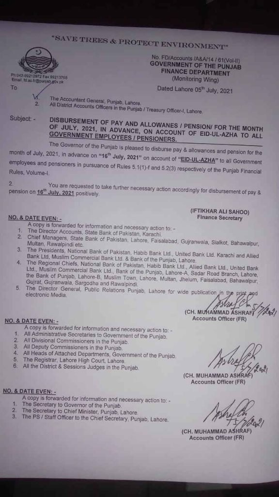 Punjab Govt Issue Notification Regarding Disbursing Advance Salary on 16th July 2021 