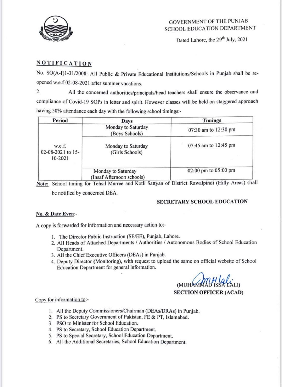 Punjab Government Issued Notification Regarding School Timings