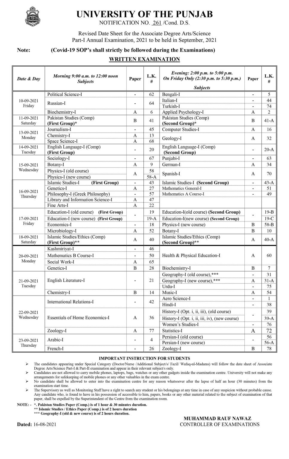 PU Revised Date sheet for Associate Degree Arts/Science Annual Exams PU Revised Date sheet for Associate Degree Arts/Science Annual Exams