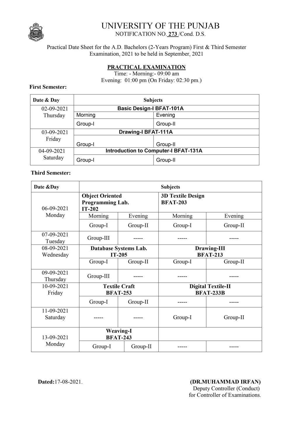 PU AD Bachelors First and Third Semester Practical Exams Date Sheet 2021 PU AD Bachelors First and Third Semester Practical Exams Date Sheet 2021