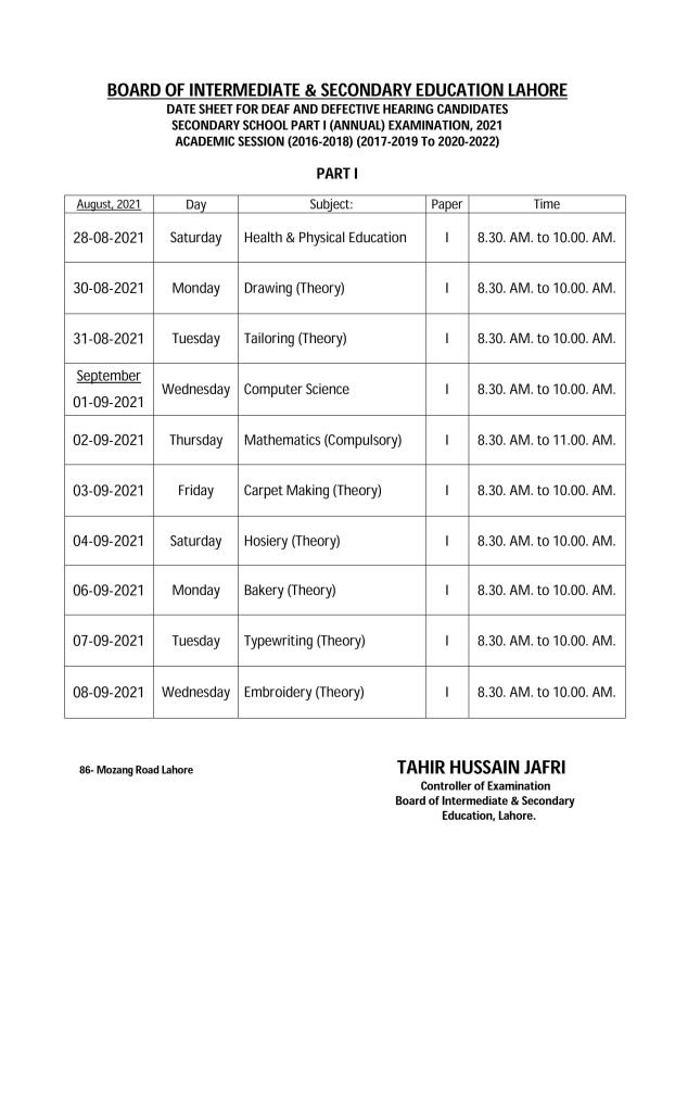 BISE Lahore Announced 9th Class (SSC-I) Date Sheet for Deaf Candidates BISE Lahore Announced 9th Class (SSC-I) Date Sheet for Deaf Candidates