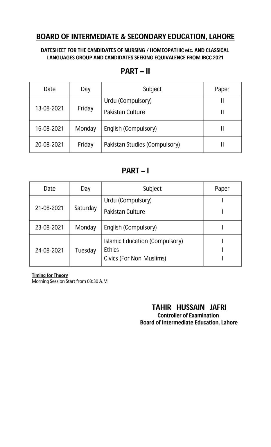 BISE Lahore Announced Date Sheet of Nursing Homeopathic and Classical Language 