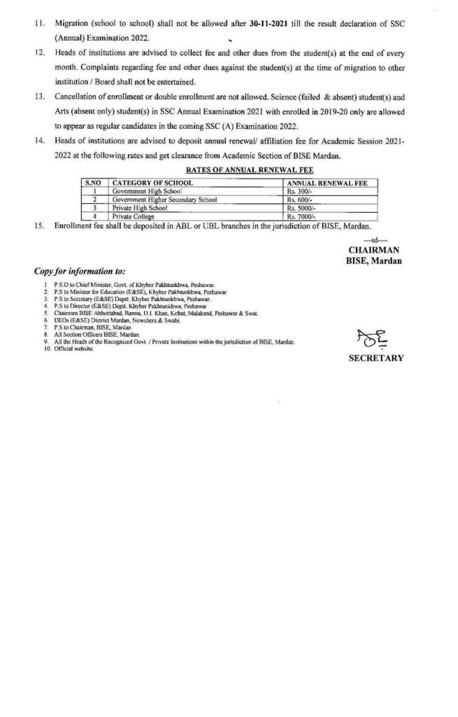 BISE Mardan Online Admission Schedule for 9th Class