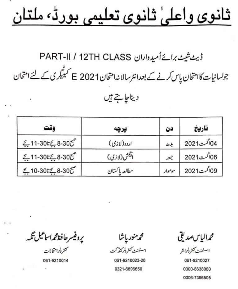 BISE Multan Date Sheet Inter A2021 P1 & P2, English Only Category BISE Multan Date Sheet Inter A2021 P1 & P2 English Only Category (After Languages)