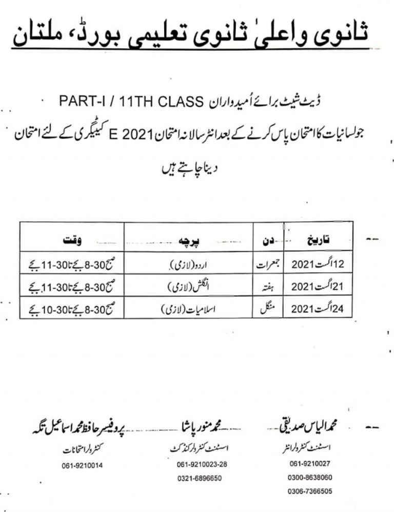 BISE Multan Date Sheet Inter A2021 P1