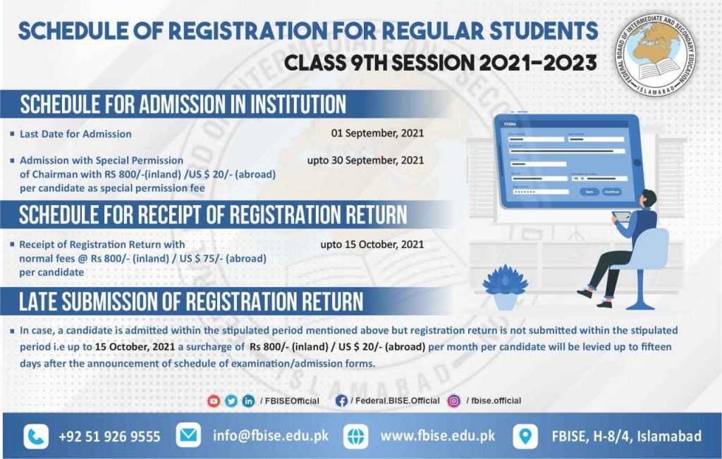 FBISE Announce Registration Schedule of SSC-I (9th Class) 2021-23 for Regular Students FBISE Announce Schedule of Registration SSC-I (9th Class) 2021-23