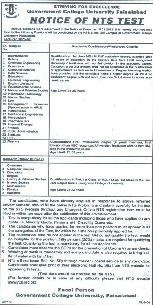 GCU Faisalabad Latest Jobs 2021 through NTS | Apply Now