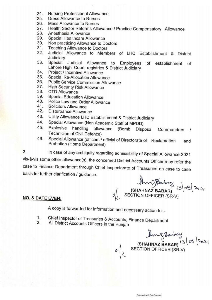 Grant of Special Allowance 2021