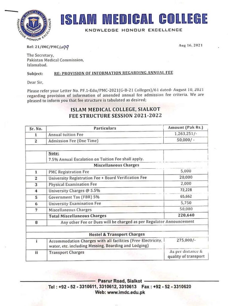 Islam Medical Science Sialkot Fee Structure 2021-22
