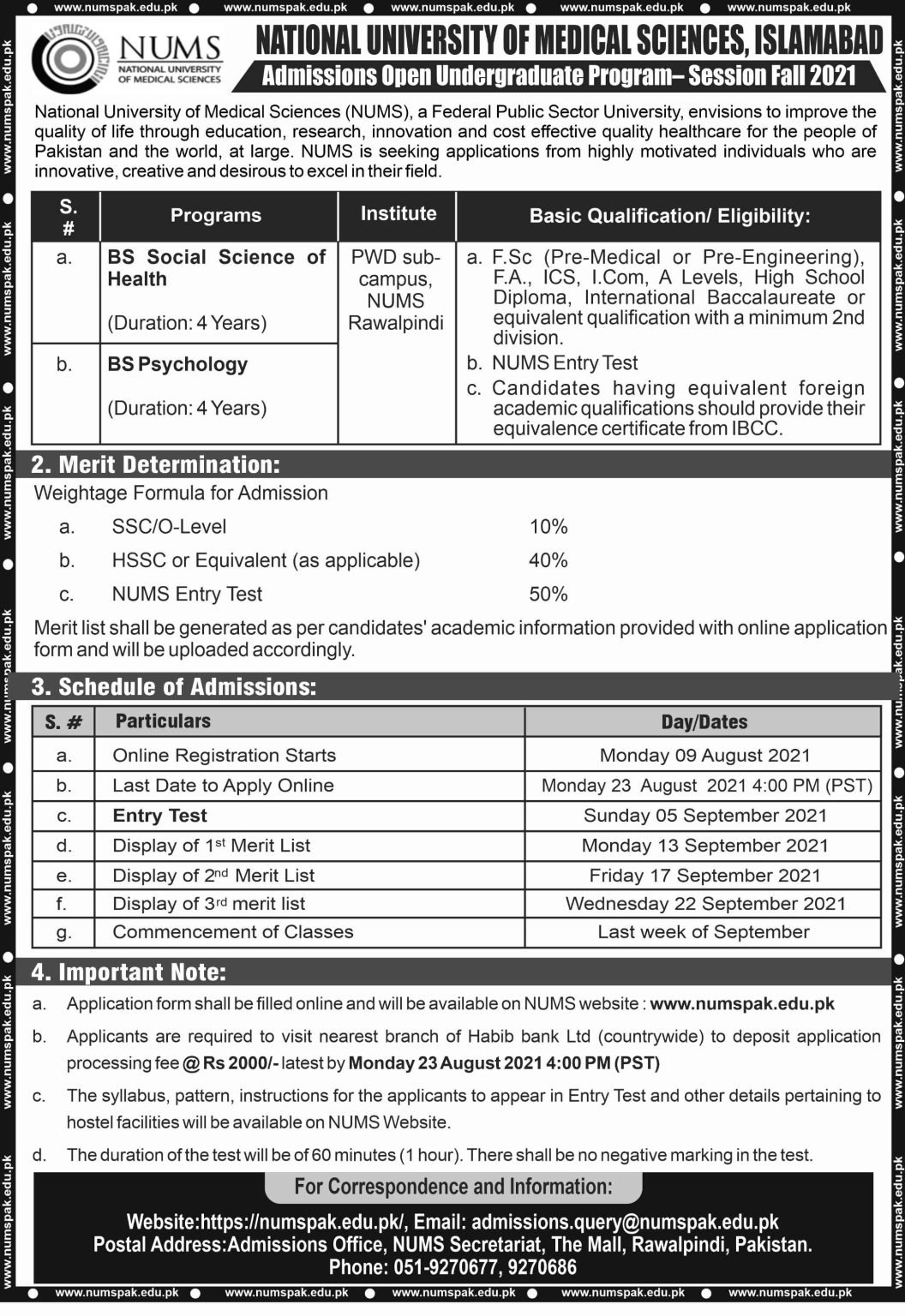 NUMS Announce Admission for Undergraduate Degree Programs 2021