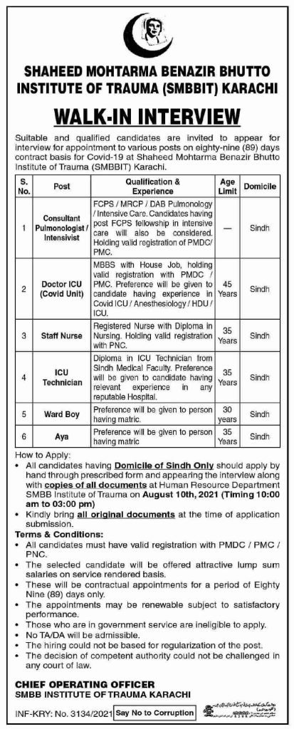 Shaheed Mohtarma Benazir Bhutto Institute Of Trauma Smbbit Karachi Jobs 2021 | Apply Now