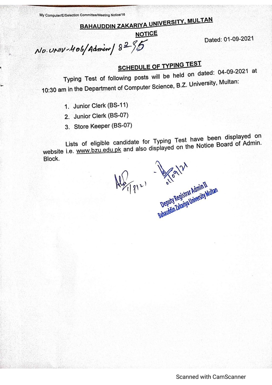 BZU Multan Issued the Schedule of Typing Test BZU Multan Issued the Schedule of Typing Test