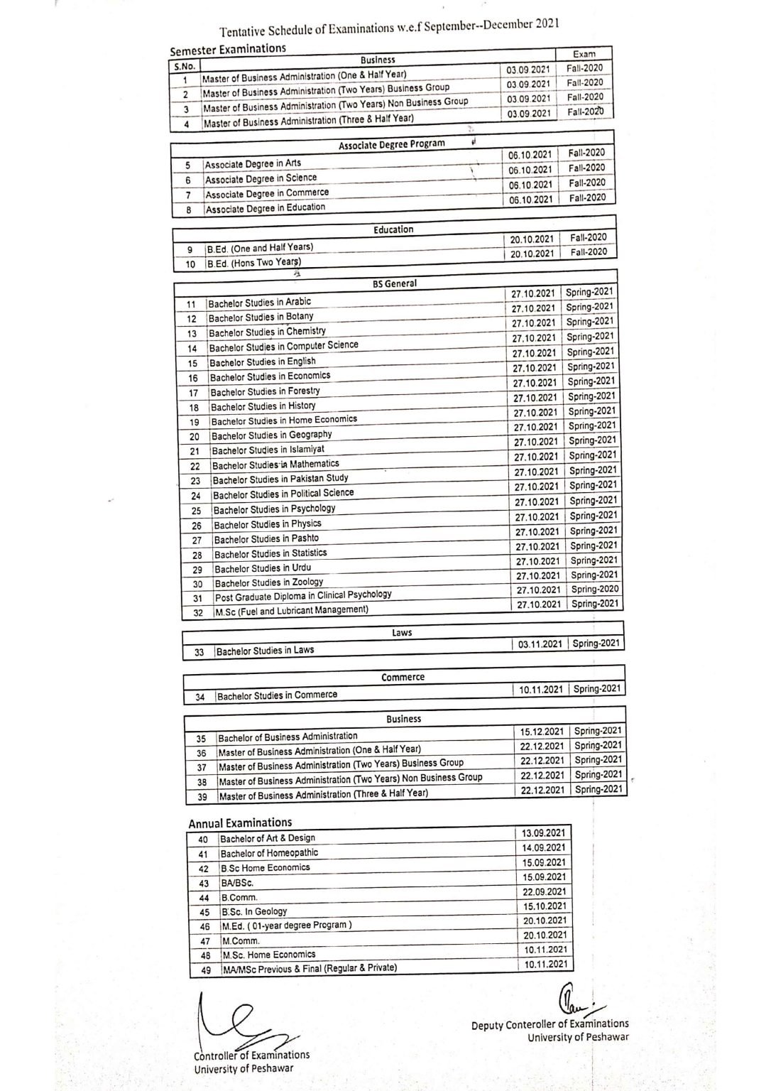 UOP Tentative Schedule of Semester Exams 2021 UOP Tentative Schedule of Semester Exams 2021