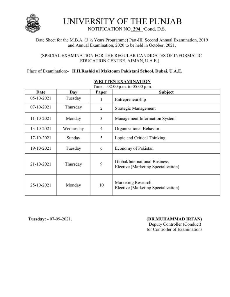 PU MBA Part-III Annual Exams Date Sheet 2021 for Ajman UAE PU MBA Part-III Annual Exams Date Sheet 2021 for Ajman UAE