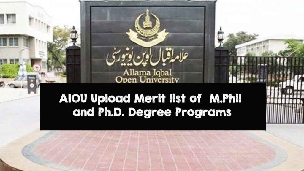 AIOU Upload Merit list of  M.Phil and Ph.D. Degree Programs