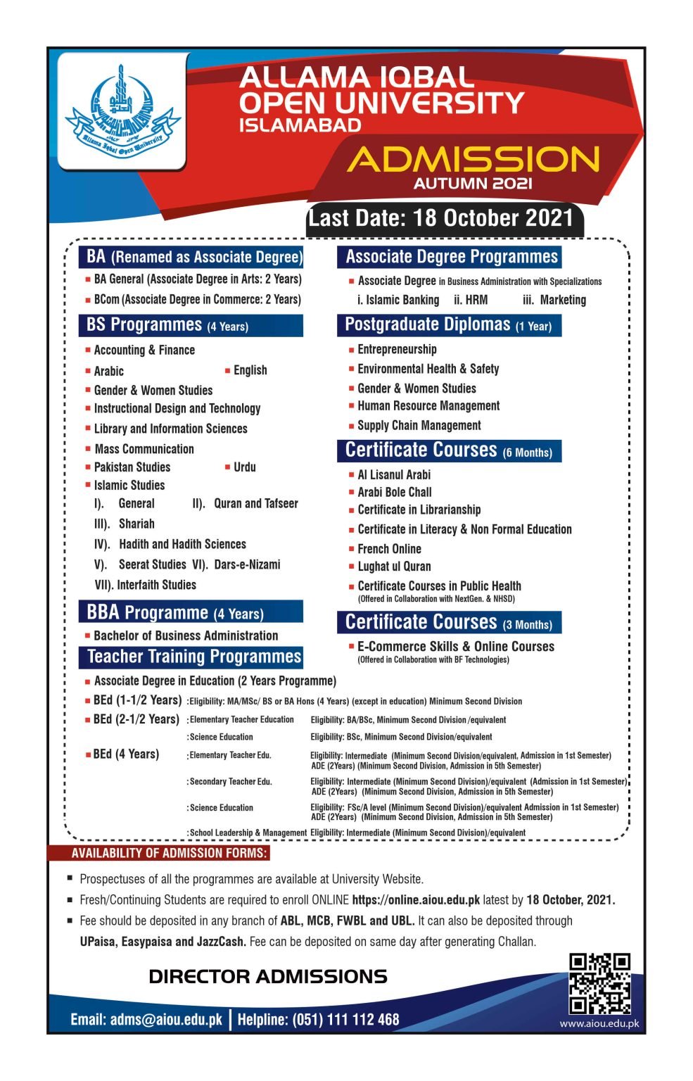 AIOU Autumn 2021 Admission for Bachelors, PGD, and Teaching Programs