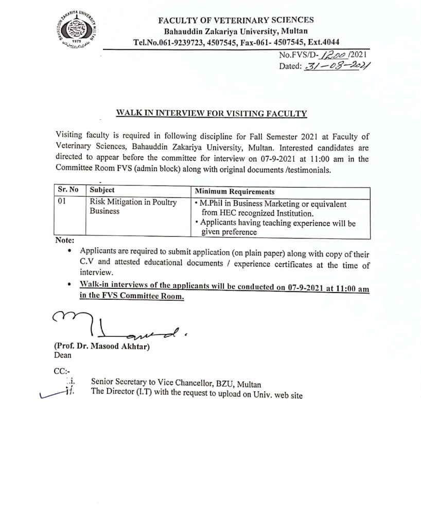 BZU Visiting Faculty for Faculty of Veterinary Sciences | Walk-in-Interviews BZU Visiting Faculty for Faculty of Veterinary Sciences | Walk-in-Interviews
