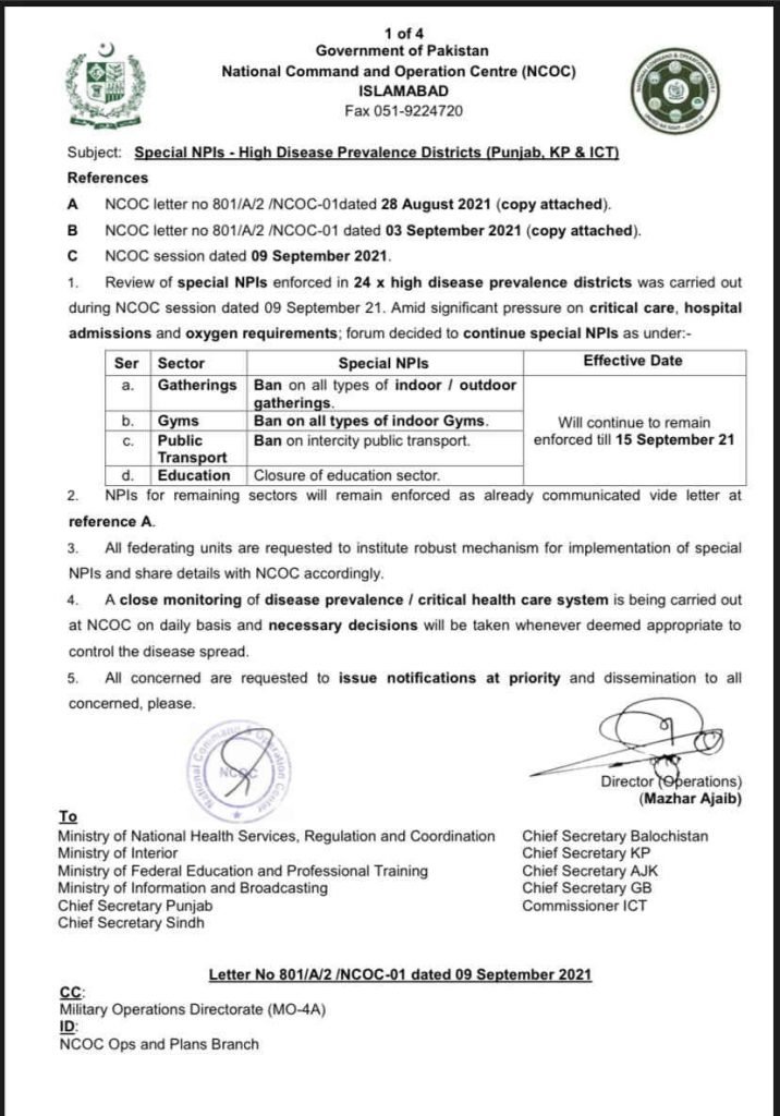 Education Sector & Public Transport Remain Close Till 15 September: NCOC