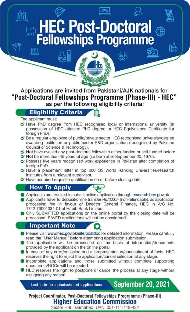 HEC Post Doctoral Fellowship Program 2021 Phase-III | Apply Now HEC Post Doctoral Fellowship Program 2021 Phase-III | Apply Now