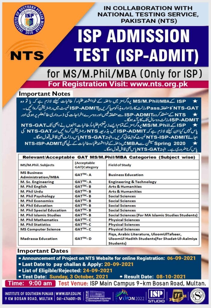 ISP Multan Admission Test for M.Phil/MS/MBA 2021