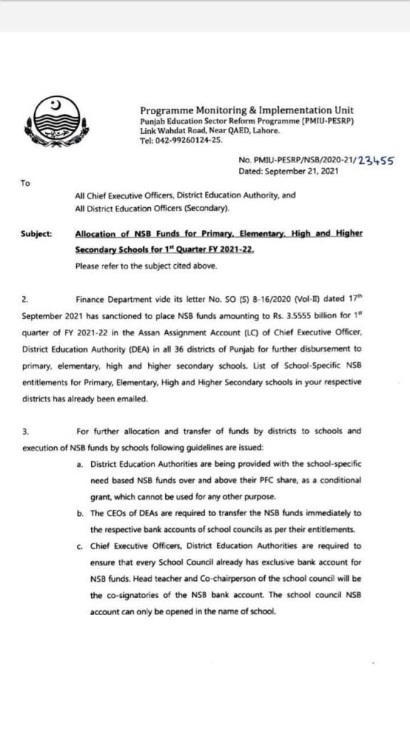 Punjab Announced to Allocate NSB Funds to Schools for 2021-22 