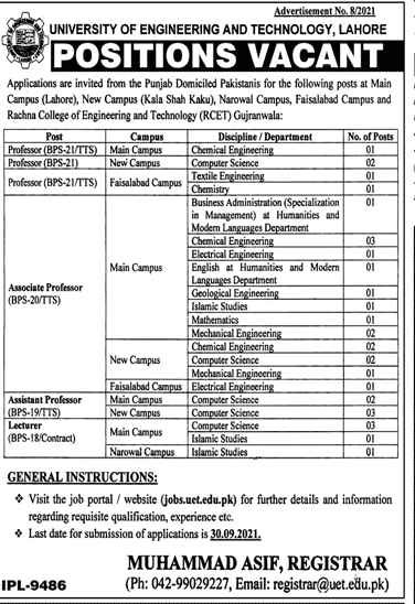 University of Engineering and Technology Lahore September Jobs 2021 | Apply Now University of Engineering and Technology Lahore September Jobs 2021 | Apply Now