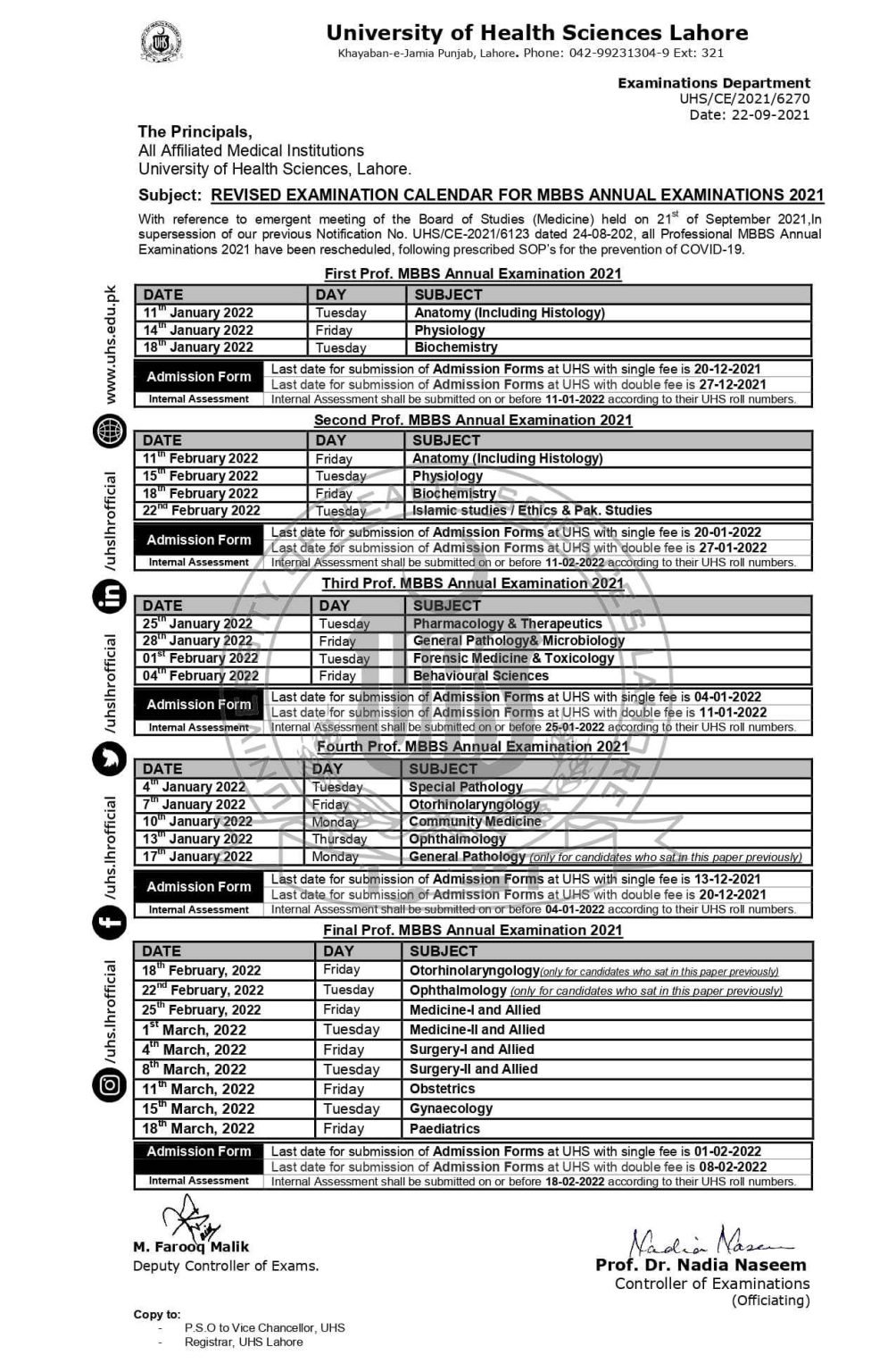 UHS MBBS Revised Exams Date Sheet 2021 | MBBS Schedule 2021