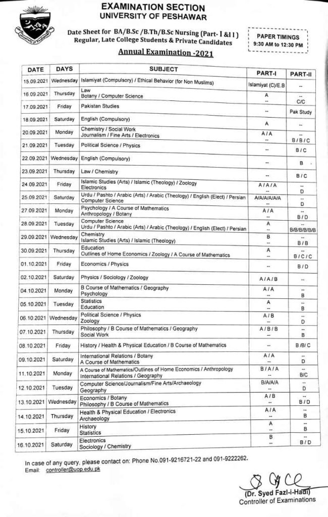 UOP BA/BSC Annual Exams Date Sheet and Roll Number Slips 2021