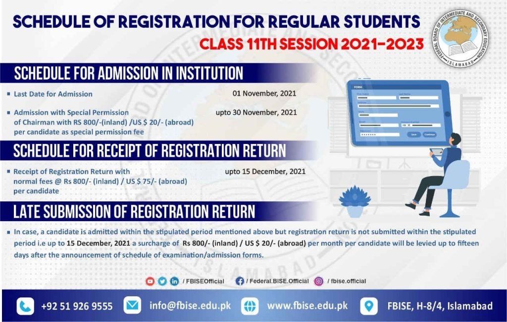 FBISE Announces Registration Schedule for HSSC-I (11th Class) for 2021-23 FBISE Announces Registration Schedule for HSSC-I (11th Class) for 2021-23