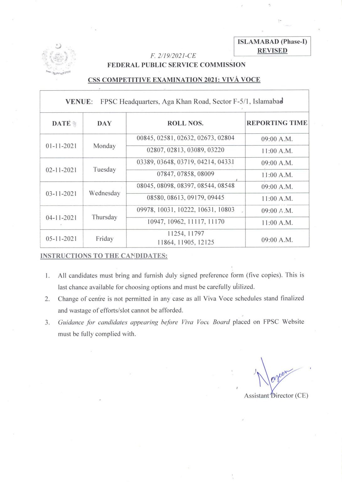 FPSC Issued CSS CE-2021 Viva Voce Schedule in Islamabad FPSC Issued CSS CE-2021 Viva Voce Schedule in Islamabad