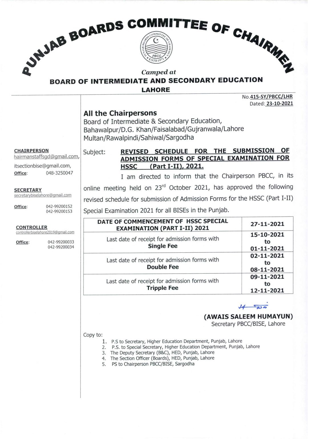 Punjab Board FA/Fsc (1st & 2nd Year) Revised Special Exam Schedule 2021