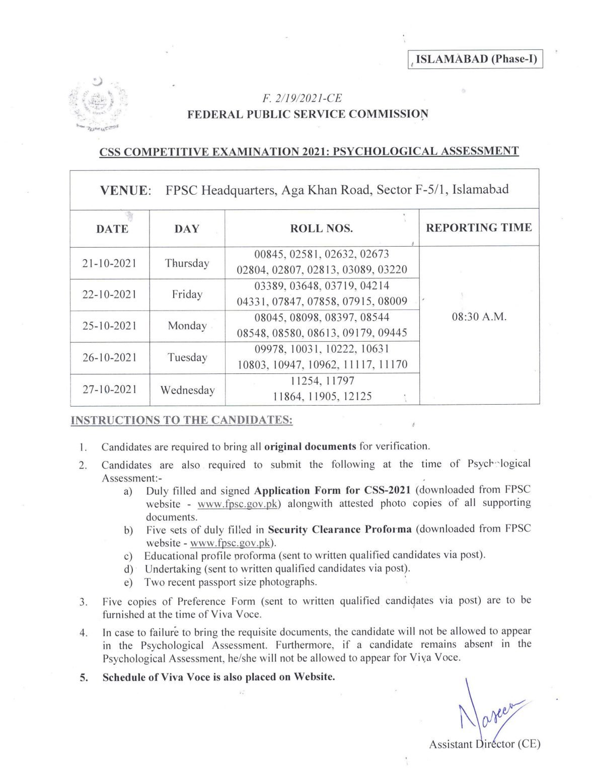 FPSC CSS CE-2021 Psychological Assessment Schedule in Islamabad (Phase-I) 