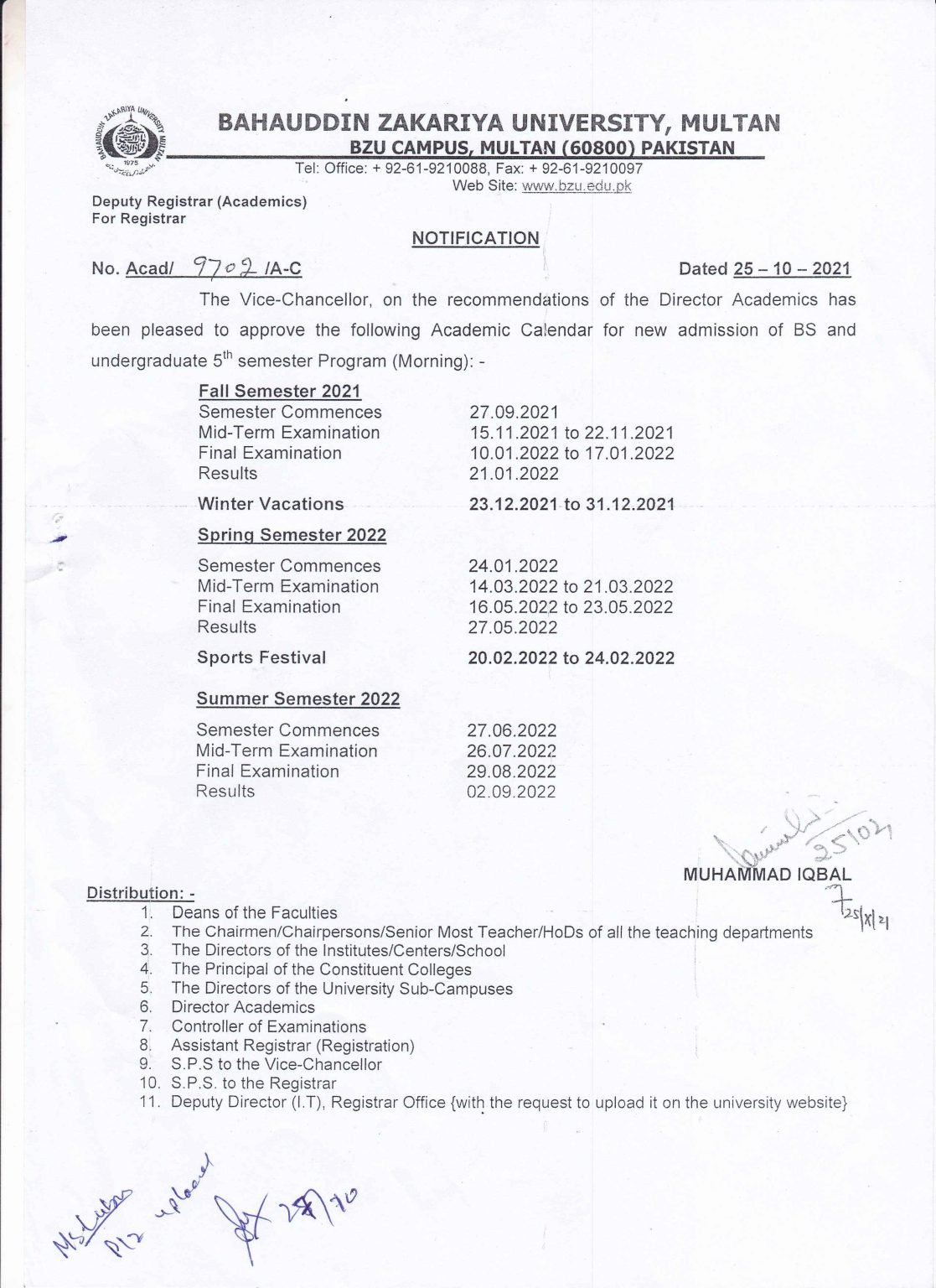 BZU Academic Calendar for BS & UG 5th Semester Program 2021