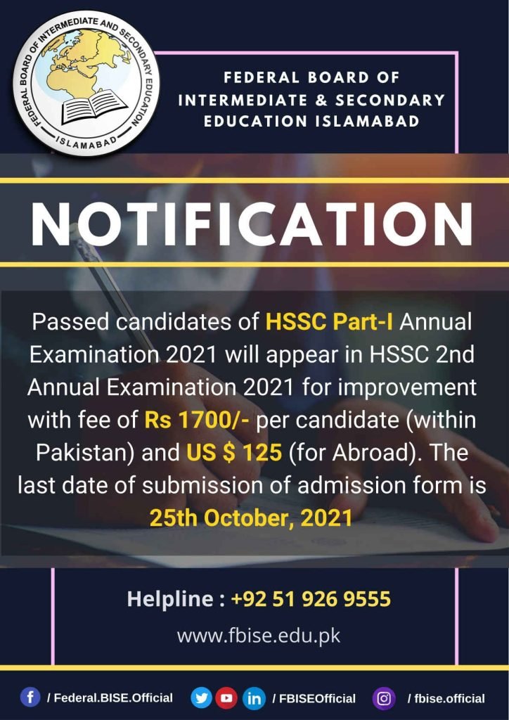 FBISE Federal Board HSSC Part-I 2nd Annual Exams Schedule 2021