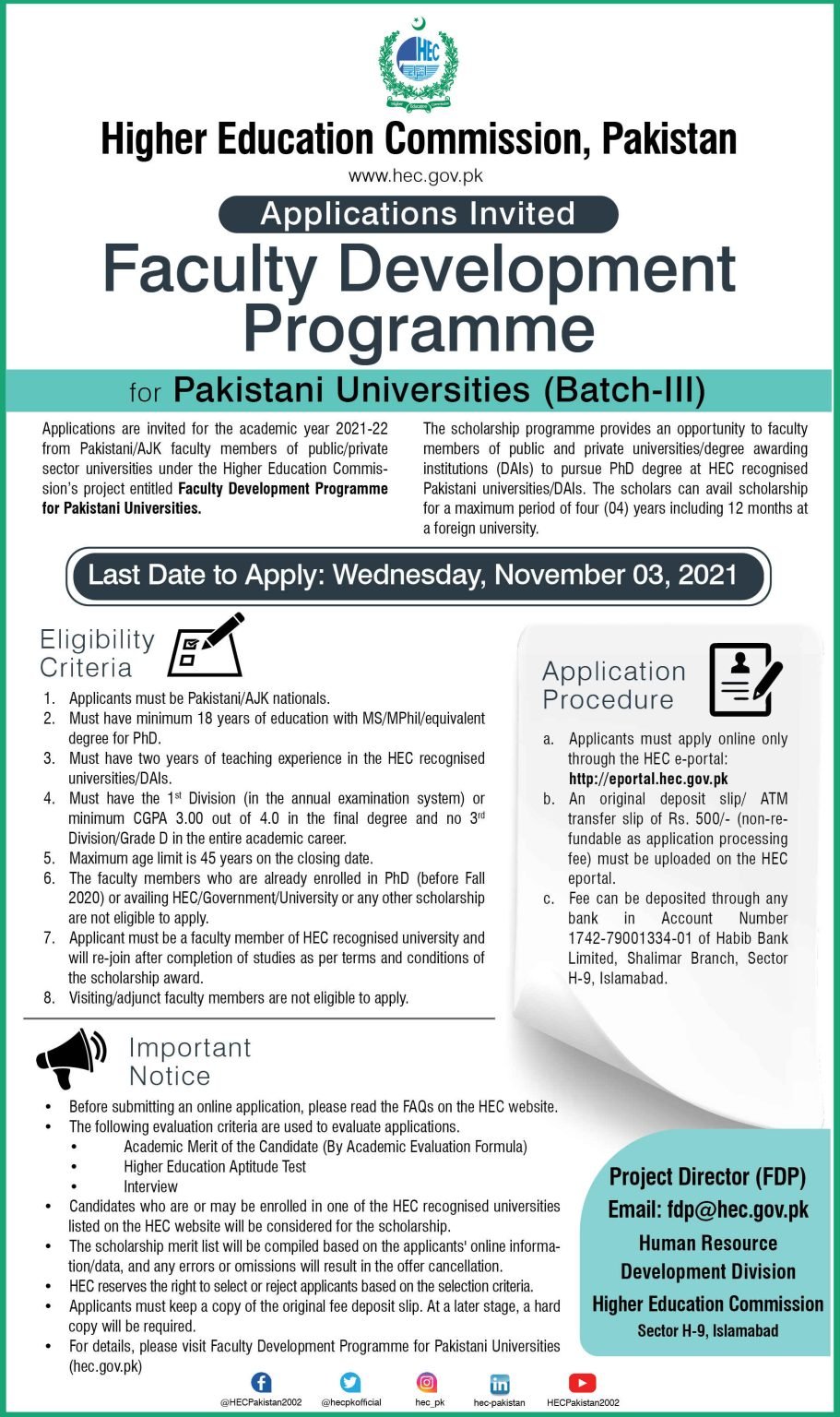HEC Ph.D. Scholarship (Batch-III) 2021 for Faculty Development Program