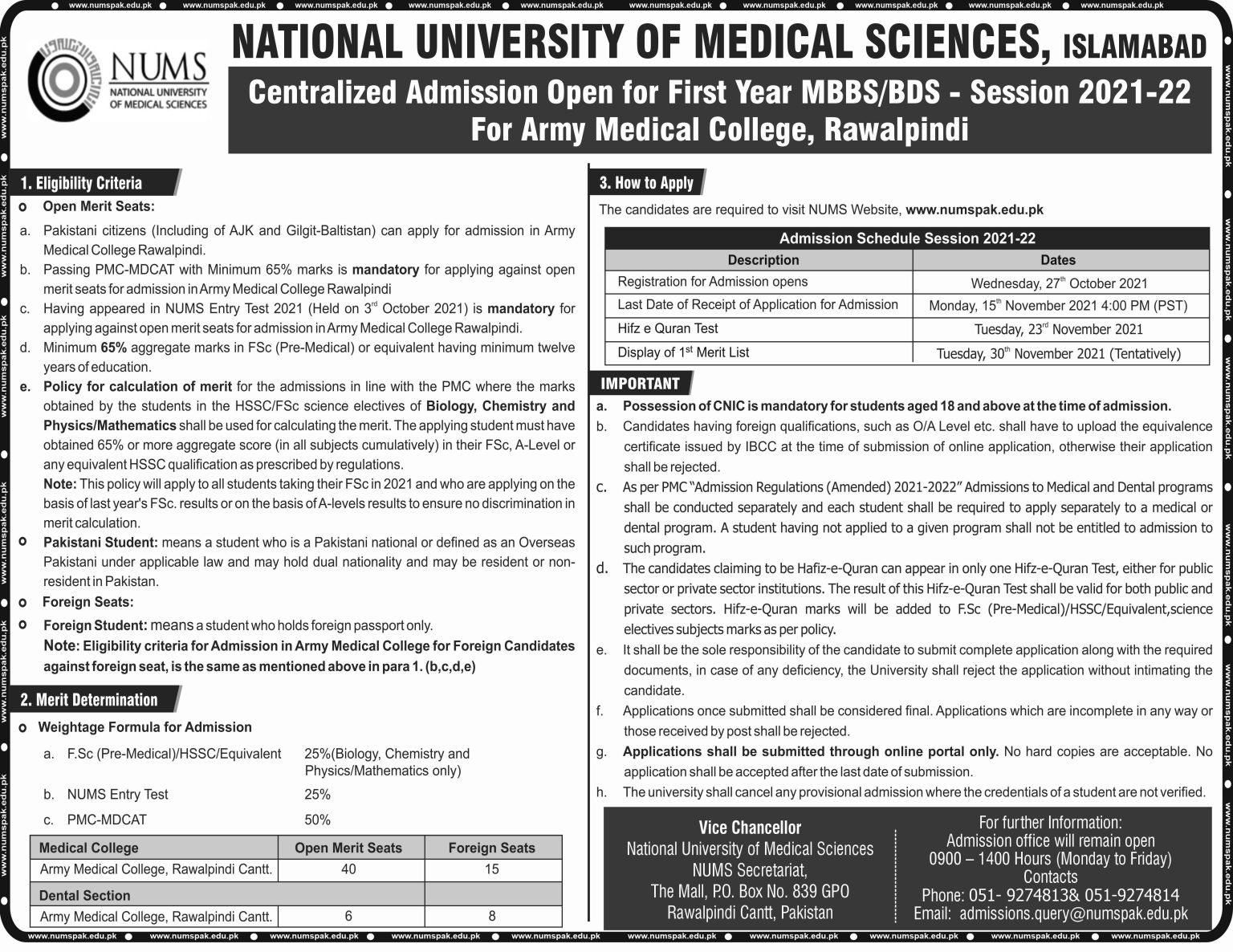 NUMS Announced MBBS/BDS Admissions 2021 for AMC Rawalpindi